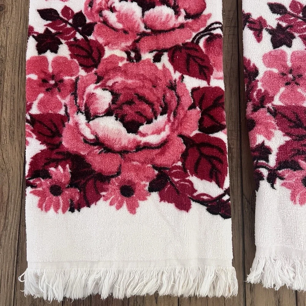 2 vintage Cannon USA made cotton towel pink red roses floral fringe cottagecore